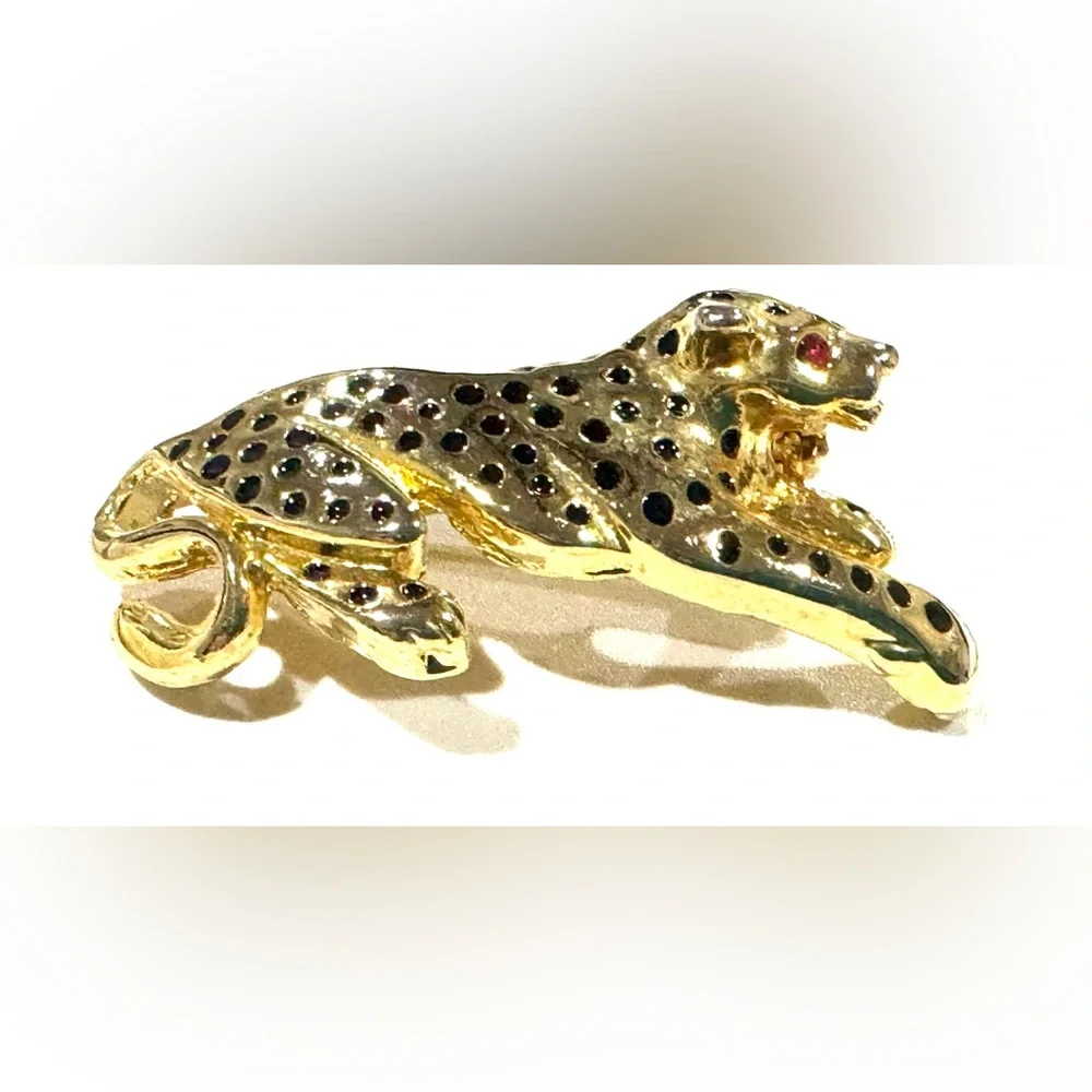 Vintage Gold and Black Leopard Brooch with Red Eyes